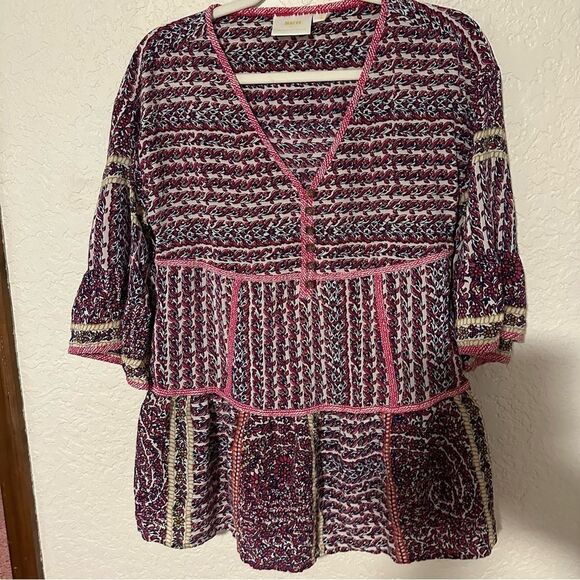 Maeve Anthropologie Women’s Size SP Lilyana Tiered Boho Tunic Blouse Top Silk - Picture 10 of 13